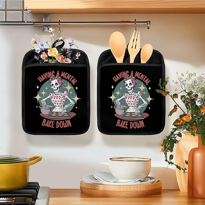 Gothic Halloween Skeleton Baker Pot Holders for Kitchen, Gifts for Baking Lovers, Trendy Funny Goth Skull Heat Resistant Hot Pads and Oven Mitts for Baking Cooking
