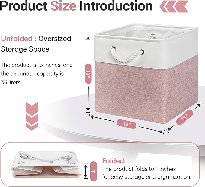 ECDYQXVU 13x13 Inch Cube Storage Bins with Reinforced Bottom Cardboard, 6 Pack Large Foldable Fabric Storage Cubes with Handles for Shelf, Closet, Laundry Organization (White&Pink)