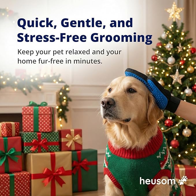 Heusom Silent Groom Pro Grooming Glove for Dogs, Cats, Rabbits & Horses | 2-in-1 Pet Brush & Deshedding Tool | Gentle Bathing & Cleaning for Long & Short Hair | Grooming Supplies for Pet Fur Control