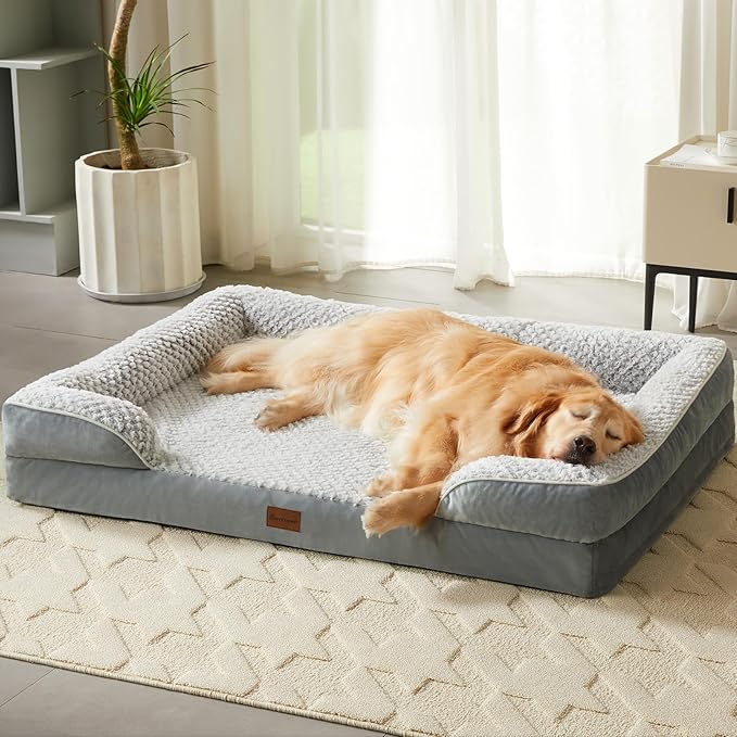 LEXTRO Orthopedic Dog Beds for Large Dogs,Waterproof Dog Bed, Egg Crate Foam Bed for Large Dogs, Big Pet Bed with Washable Removable Waterproof Pillow Cover and Anti-Slip Bottom, Grey