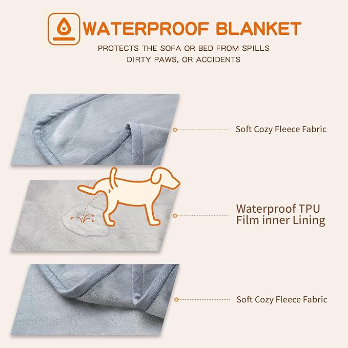 CAPT.SNOOZE Waterproof Dog Blankets Light Grey Pet Blanket 60"x80", Soft Fluffy Sofa Car Bed Protector, Reversible Leakproof Flannel Washable Dog Blanket for Large Dogs