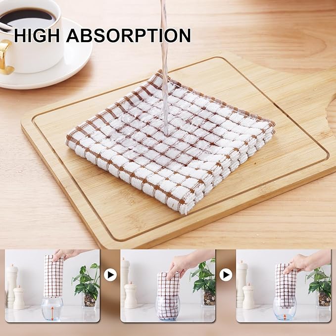 Kitinjoy Cotton 12 Pack Kitchen Towels and Dishcloths Sets, 16 x 25 Inch & 12 X 12 Inch Dish Towels Bulk, Super Soft and Absorbent Hand Towels for Kitchen Drying, Brown