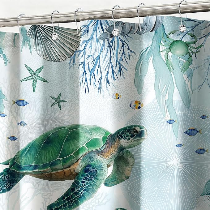 mutakin Green Sea Turtle Shower Curtain Teal Blue Coastal Shower Curtains for Bathroom Waterproof Fabric Bath Curtain Decor with Hooks