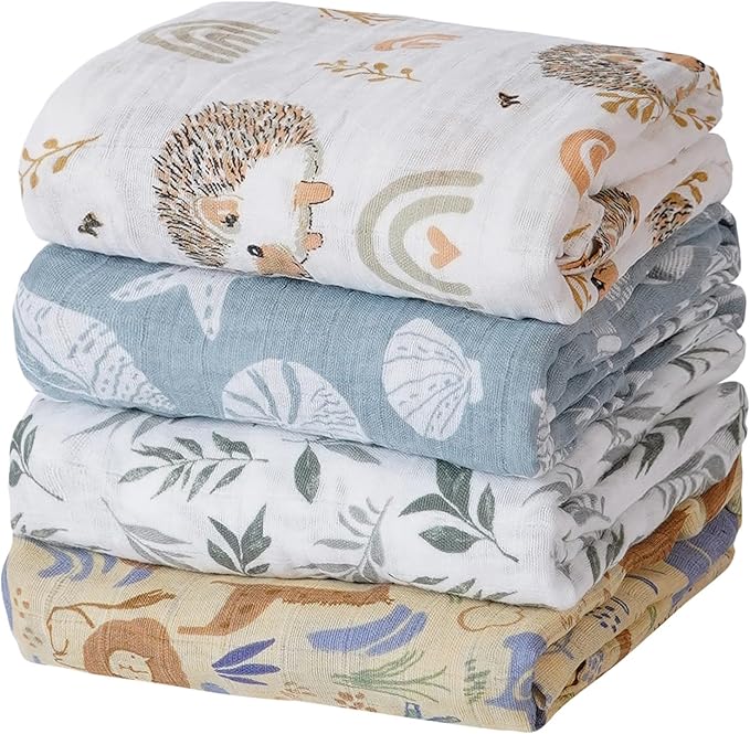 CoolaPeach 4 Set Muslin Swaddle Blankets for Newborn Baby Boys, Girls,Receiving Blankets-Cute Soft Print Baby Towel Wrap 120x110cm Baby (Animal)