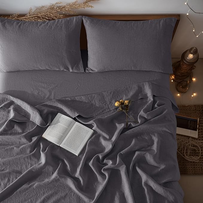 LBRO2M 100% Linen Sheet Set Twin XL Size,Bed Sheets 3 Piece Sets,Solid Color Natural Flax Bed Sheets Soft Breathable Bedding,16" Deep Pocket,All Season (Twin XL, Dark Grey)
