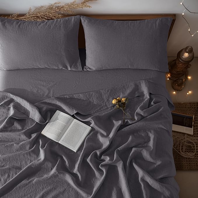 LBRO2M 100% Linen Sheet Set Queen Size, Bed Sheets 4 Piece Sets, Solid Color Natural Flax Bed Sheets Soft Breathable Bedding,16" Deep Pocket,All Season (Queen, Dark Grey)