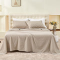 Simple&Opulence Belgian Linen Sheet Set Solid Color - 4 Pieces (1 Flat Sheet & 1 Fitted Sheet & 2 Pillowcases) Natural Flax Cotton Blend Soft Bedding Breathable Farmhouse - Khaki, Full Size
