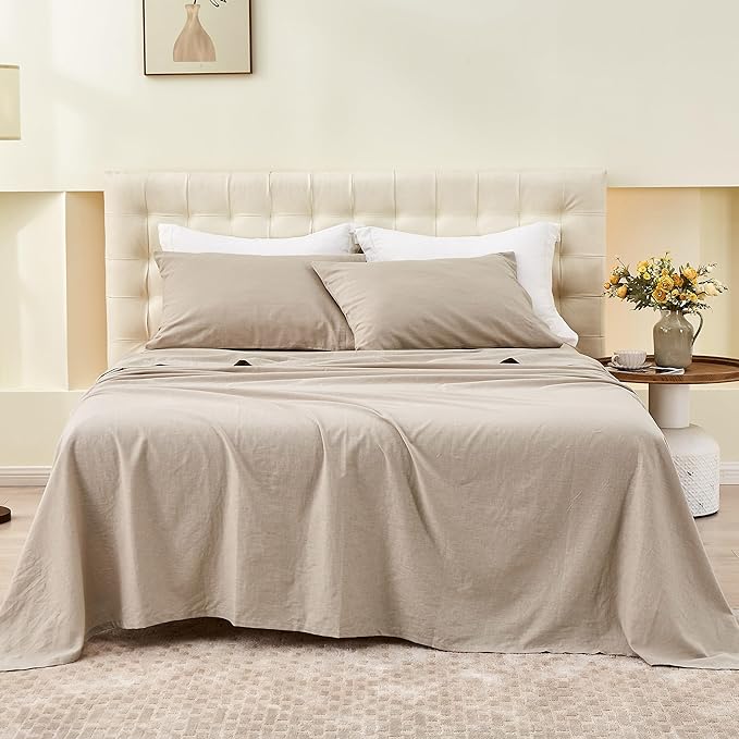 Simple&Opulence Belgian Linen Sheet Set Solid Color - 4 Pieces (1 Flat Sheet & 1 Fitted Sheet & 2 Pillowcases) Natural Flax Cotton Blend Soft Bedding Breathable Farmhouse - Khaki, Queen Size