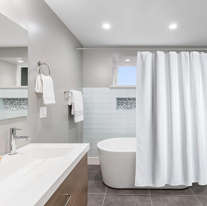 Creative Scents Fabric White Shower Curtain for Bathroom - Spa, Hotel Luxury Matt Waffle Weave Square Design, Water Repellent, 230 GSM Weighty Cloth, 60" x 72" for Decorative Bathroom Curtains