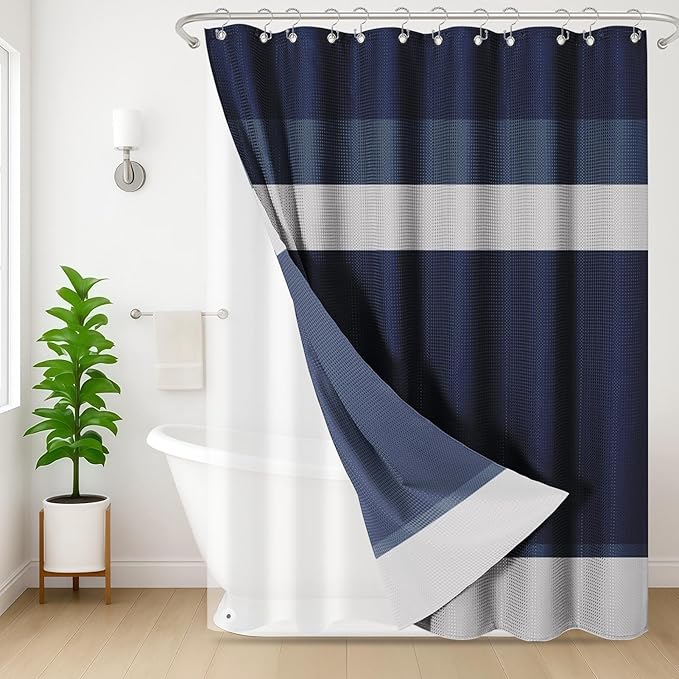 Nesphy Shower Curtain and Liner, Navy Blue Striped 3 in 1 Shower Curtain and PEVA Liner Set with 12 Rust-Resistant Metal Hooks, Waterproof Fabric Shower Curtains for Bathroom, 72 W x 72 H