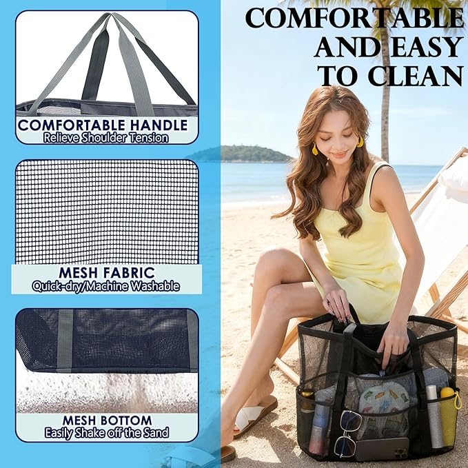 Fammart Mesh Beach Bag, Large Beach Tote with Zipper Pocket for Family Pool Bag for Toys & Vacation Essentials