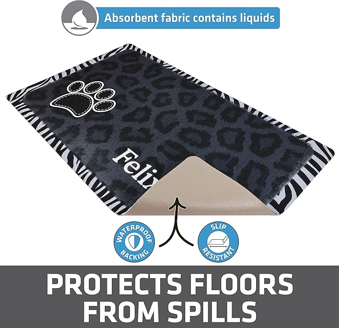Drymate Personalized Pet Bowl Placemat, Custom Dog & Cat Food Feeding Mat - Absorbent Fabric, Waterproof Backing - Machine Washable/Durable (USA Made) (12" x 20") (Leopard Black)