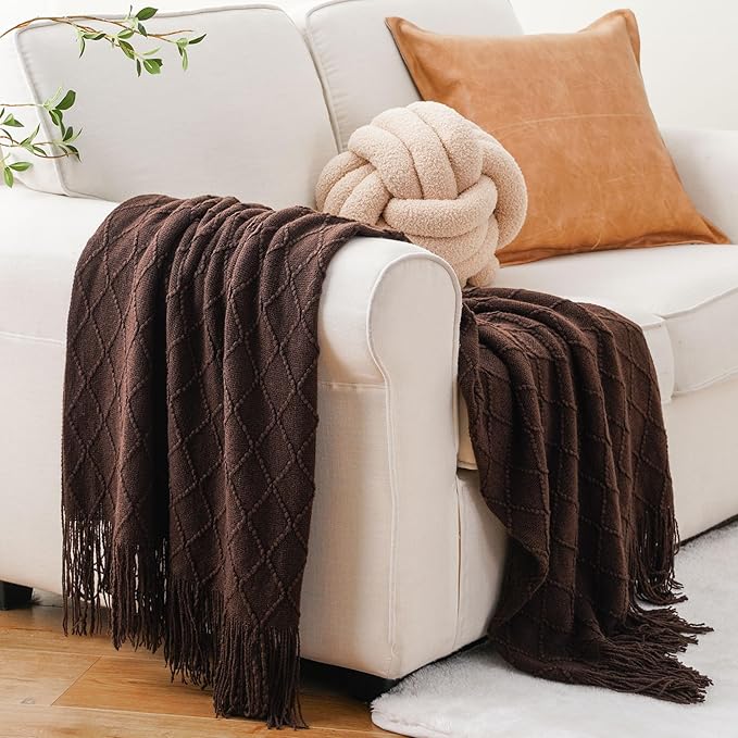 BATTILO HOME Dark Brown Throw Blanket for Couch, Chocolate Knit Throw Blankets for Home Decor, Decorative Brown Blanket for Foot of Bed, 50"x60"