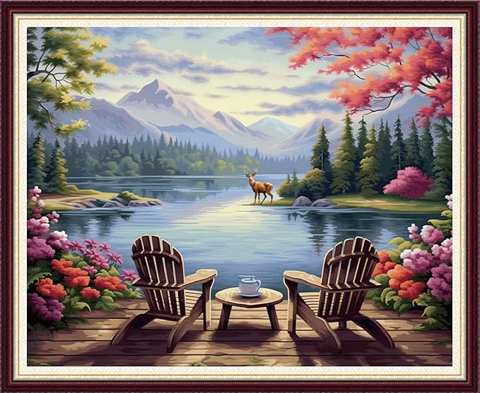 Foxnyart Stamped Cross Stitch Kits Full Range of Embroidery Needlework Starter Kits for Beginners Adults 11CT Embroidery Patterns Art Crafts DIY Needlepoint Kit-Tea and Rest by The Lake 16x20 inch