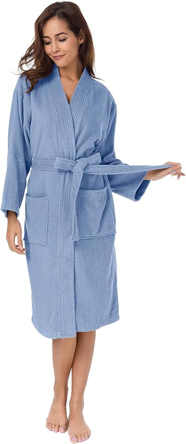 SIORO Women Terry Cloth Bath Robes with Pockets, Soft Long Cotton plush Kimono Wrap Bathrobe, Spa, Fuzzy Female nightgrown