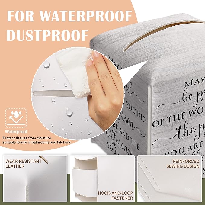 Decorative Tissue Box Cover Square, Wood Pattern Leather Tissue Box Cover Holder, Inspirational Quote Gift Ideas for Friends, May You Be Proud of Decor for Bathroom Office-(5.2 Inches) A30