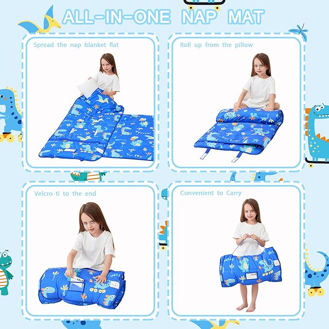 Lasoftan Toddler Nap Mat with Pillow and Blanket, Extra Large Rolled Napping Mats,Slumber Bags for Boys Girls,Kids Sleeping Bag for Daycare, Preschool Travel Camping