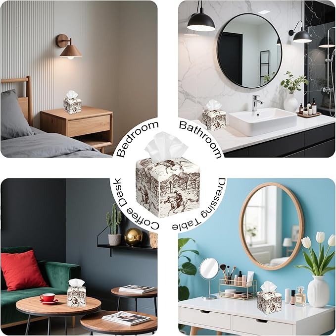 West Cowboys Tissue Box Holder,Desert Cube Tissue Box Cover Holder,Leather Facial Paper Organizer Dispenser Home for Bedroom Night Stands,Kitchen,Office and Car,5.2"×5.2"×5.2"