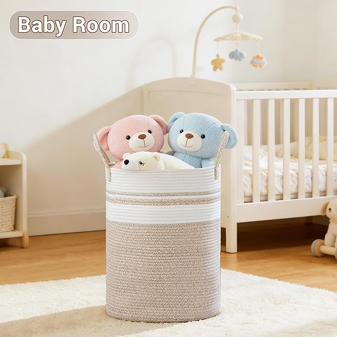 SunNewt Tall Laundry Basket with Handles, 100L Portable Dirty Clothes Hamper, Boho Cotton Rope Storage Bin for Blankets Kids Toys Gifts, Extra Large Organizer for Nursery Bedroom Bathroom, New Brown