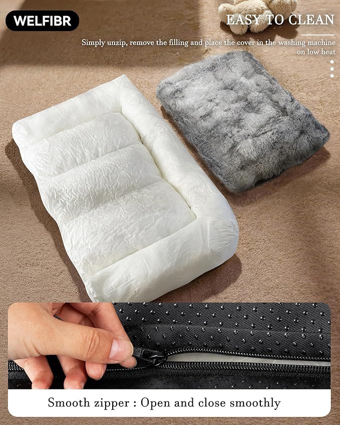 Welfibr Dog Bed 100% Washable Faux Fur Dog Beds Small Size Dog Orthopedic Dog Bed with Sides Elevated Dog Bed Comfort Small Dog Bed with Removable Cover Noiseless Supportive Dog Couch Grey 35"