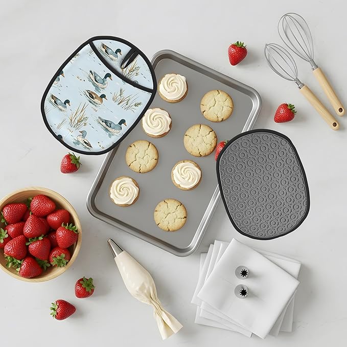 Pot Holders 2 Pack Silicone, Cotton Lining, Heat Resistant to 500°F (260°C), Non-Slip Grip, 7.5"x9.4" Oval Kitchen Hot Pads for Oven, Cooking (Ducks Swimming, Potholders)