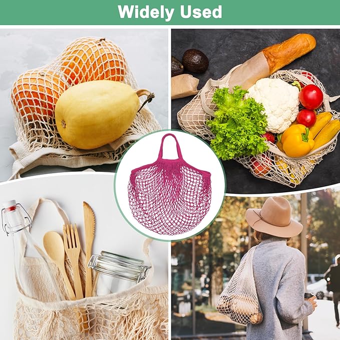 M METERXITY 2-Pack Cotton Mesh Bag, Reusable Washable Mesh Net String Grocery Bags, Reusable Produce Bags with Handle, Net Tote Bag for Fruits/Vegetables Shopping [Rose Red, Long&Short Handle]