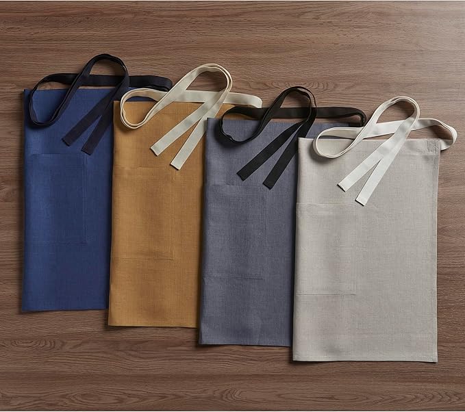Solino Home Linen Bistro Server Apron - Extra long ties with Pockets - 100% Pure Linen Half Apron for Men and Women