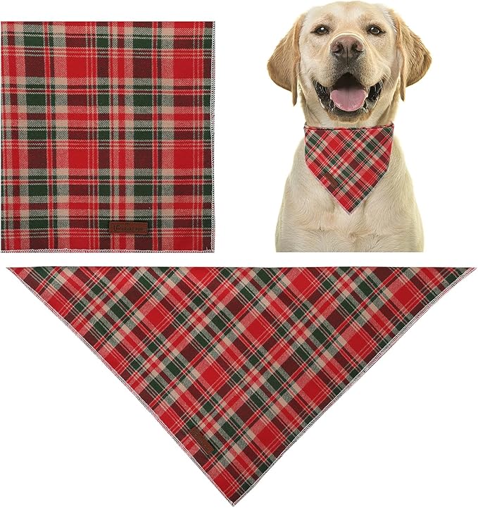 UP URARA PUP Christmas Plaid Dog Bandana–Red and Green Checked Triangle Scarf for Small Medium Large Dogs, Soft Cotton Pet Bib for Winter & New Year, Adjustable Dog Kerchief