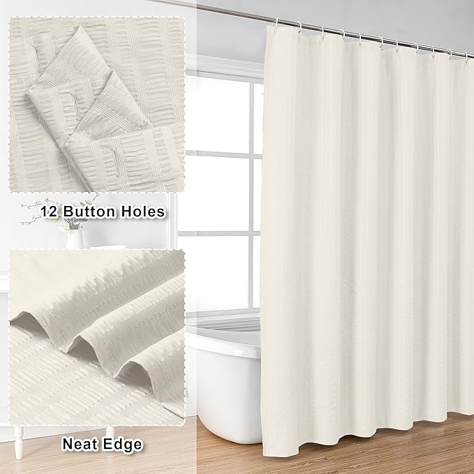 Aiyufeng Extra Long Cream Shower Curtain 72 x 84 inches Long, 3D Embossed Textured Fabric Shower Curtain for Bathroom, Water Repellent, Machine Washable