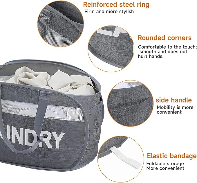 Tsmallbear Foldable Laundry Basket with Lid, Oxford Cloth Reinforced Steel Ring Collapsible laundry hamper, 70L Breathable Mesh Dirty clothes hamper with Dual Handles for Home, Dorm, Apartment