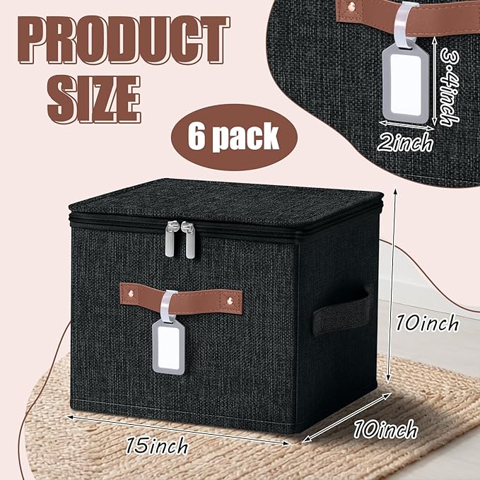 Fiwochic 6 Pack Fabric Storage Bins with Lids and Label, 15x10x10Inch Large Size Foldable Cotton Linen Storage Boxes with PU Leather Handles Holders for Closet, Bedroom, Shelf, Nursery, Black