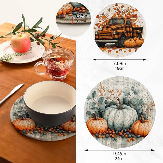 Autumn Pumpkins Trivet Mat 2PCS Fall Leaves Truck Round Woven Potholders Kitchen Table Countertop Protector Hot Pads Farmho