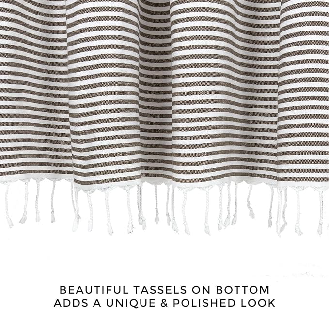 HALL & PERRY Modern Farmhouse Tassel Shower Curtain 100% Cotton Striped Fabric Shower Curtain with Tassels for Bathroom Décor (Tan, 72"x84")