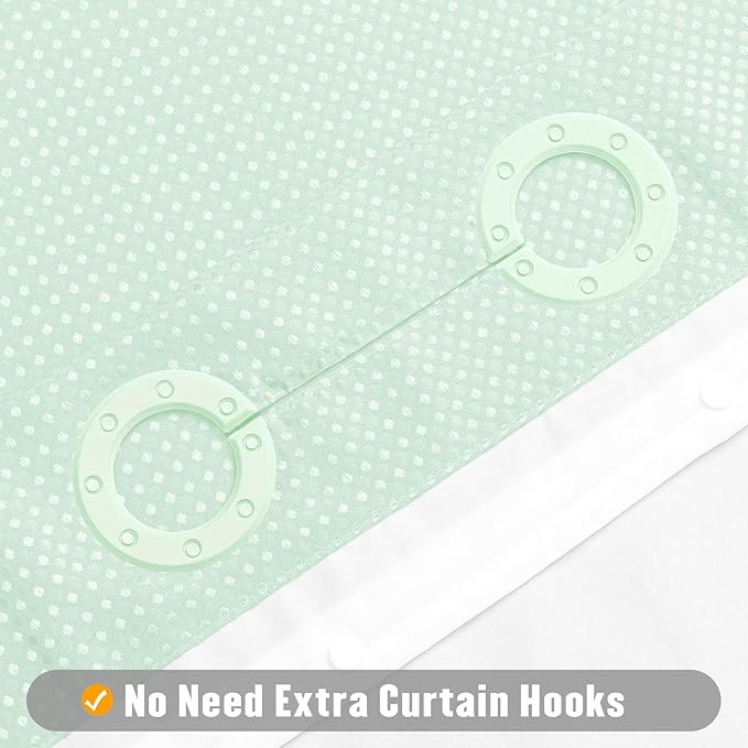MitoVilla Green Long Shower Curtain Liner Set 72 x 80, No Hooks Needed 80 inch Long Heavyweight Waffle Fabric Shower Curtain Set with Snap-in Liner for Hotel Grade Spa-Like Bathroom Decor, Mint Green