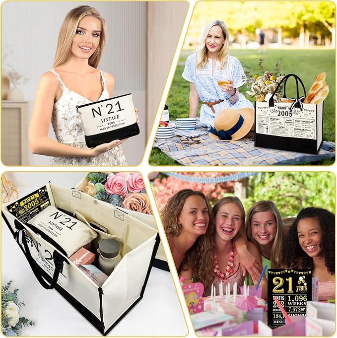 21st Birthday Gifts for Her Canvas Tote Bag Travel Gear, Unique 21 Years Old Gifts for Girlfriend Sister Coworker Friends Classmate Women, Vintage N°21 Handbag & Cosmetic Bag & Back in 2005 Poster