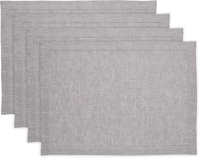 Solino Home Linen Placemats Set of 4 - Milan Hemstitch Oyster Grey Placemats 14 x 19 Inch - 100% Pure Linen Table Mats for Spring, Easter
