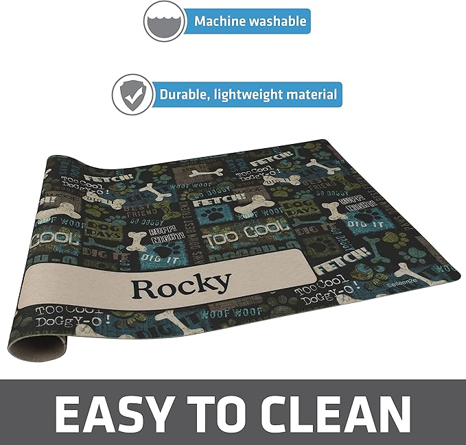 Drymate Personalized Pet Bowl Placemat, Custom Dog & Cat Food Feeding Mat - Absorbent Fabric, Waterproof Backing - Machine Washable/Durable (USA Made) (16" x 28") (Best Friend Green)