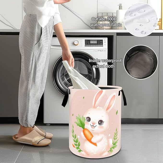 VODRM Cute Bunny and Floral Laundry Basket, Dirty Collapsible Clothes Toy Organizer Hamper for Kids Adults, Oxford Cloth Waterproof Storage Bin for Bedroom Bathroom Home Decor Gifts, 19.7"X15.7"
