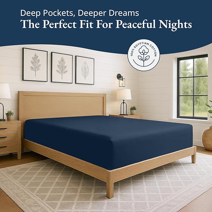 Lane Linen 100% Egyptian Cotton Queen Size Fitted Sheet Only (61"x81" + 16") - Elegant Sateen Weave, Ultra Soft, Breathable, Highly Durable, Deep Pockets Upto 17" - Estate Blue
