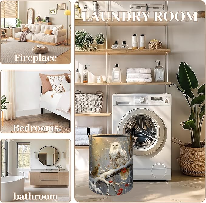 ainori Bird Owl Laundry Basket, Oxford Cloth Nature Elegant Dirty Clothes Collapsible Hamper for Room Decor, Winter Forest and Berry Print Gifts Toy Organizer 19.7*15.8 Inch for Bedroom Bathroom Dorm