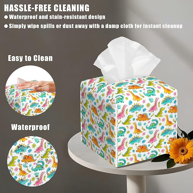 BLYKVGHQ Leather Tissue Box Holder Cartoon Dinosaurs Tissue Box Cover Facial Paper Case Organizer Cube Napkin Dispenser for Bathroom Vanity Countertop Night Stand Office Car