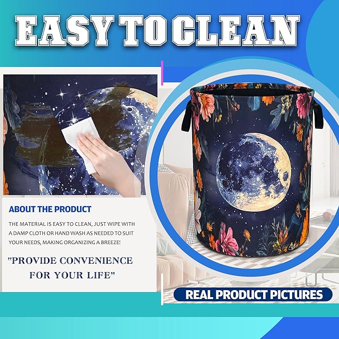 Moon Flowers Laundry Basket Oxford Cloth Night Starry Sky Laundry Hamper With Handle Foldable Portable Clothes Storage Basket 18.9 X 16.5 In Storage Bag For Laundry Room/Bathroom/Bedroom