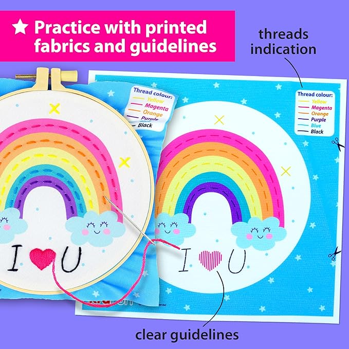 KRAFUN Beginner Embroidery Kit for Kids & Adults - Learn to Stitch Starter Set with 7 Pre-Printed Patterns & Tote Bag - DIY Hand Sewing Practice Project with Hoop, Tool Box & Instructions