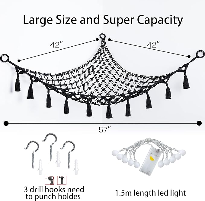 Yewiwin Cotton Stuffed Animal Organizer, Handmade Macrame Hanging Net Hammock for Toy Storage, Boho Decor Room Holder, Triangular, Black, Large, 57x42 inches, 10 lbs Capacity