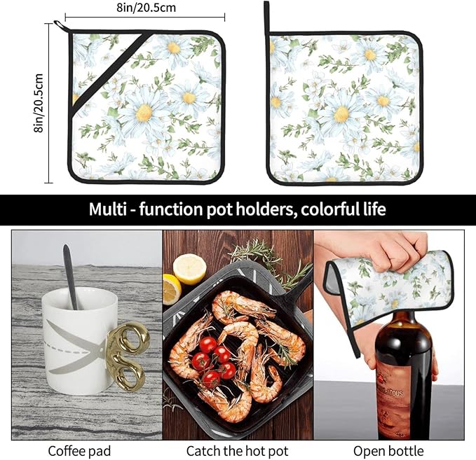 2pcs White Daisy Pot Holders Flower Printing Heat Resistant Hot Pads Green and White Background Cooking Barbecue Microwave Washable BBQ Grilling Potholders