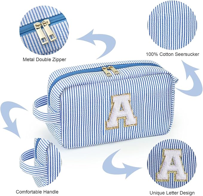 YOOLIFE Birthday Gifts for 6 7 8 9 10 11 12 13 14 15 Year Old Teen Girl - Initial Makeup Bag Letter Toiletry Pouch Cosmetic Case, Personalized Teen Girl Gifts Trendy Stuff, Blue C