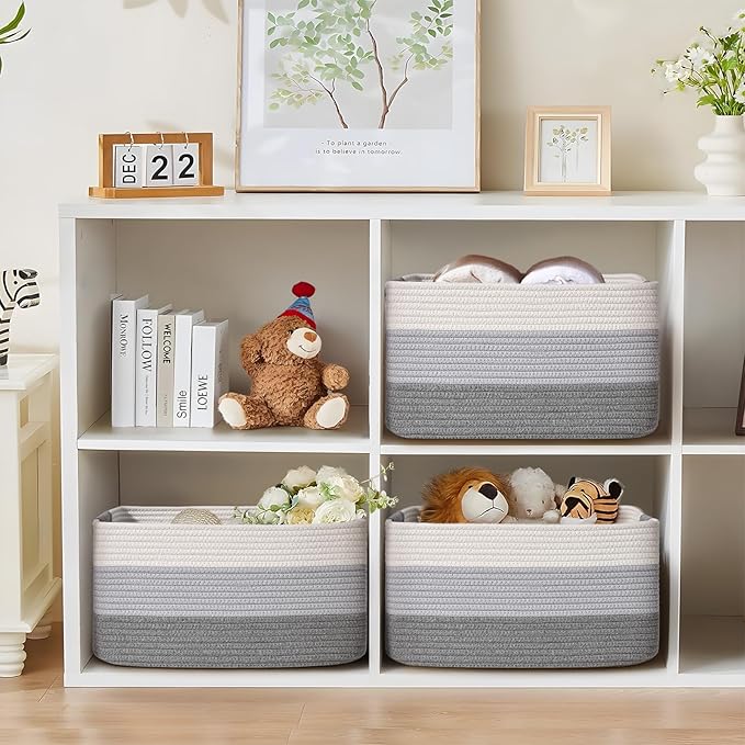 4 Pack Large Storage Basket for Organizing, 17.5"x13.5"x7.5" Woven Basket for Shelves, Closet Cube Storage Bins with Wrapped Handle, Cotton Rope Baskets for Kitchen, Clothes, Toys(Gradient Grey)