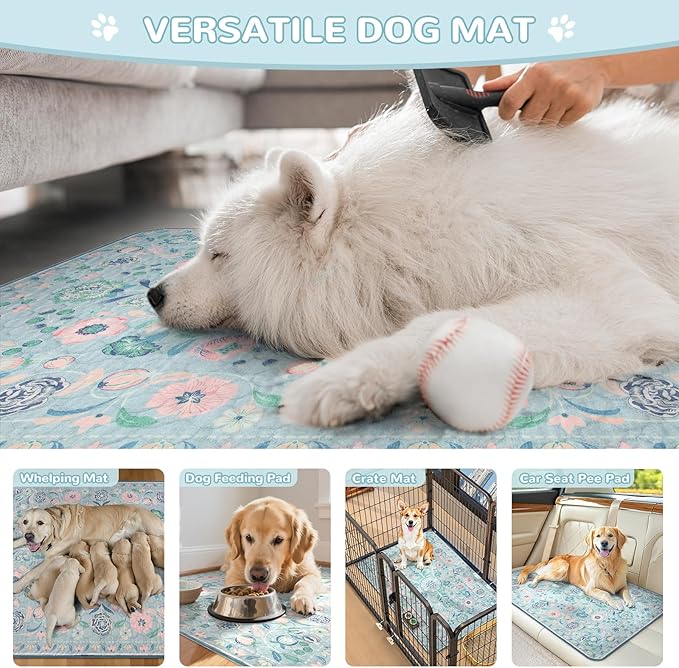 Lahome Washable Reusable Pee Pads for Dogs - Blue Botanical Floral 2 Pack Puppy Pads, Super Absorbent & Waterproof Dog Training Mats for Potty & Crate - Leakproof with Non-Slip Backing (36"x36")