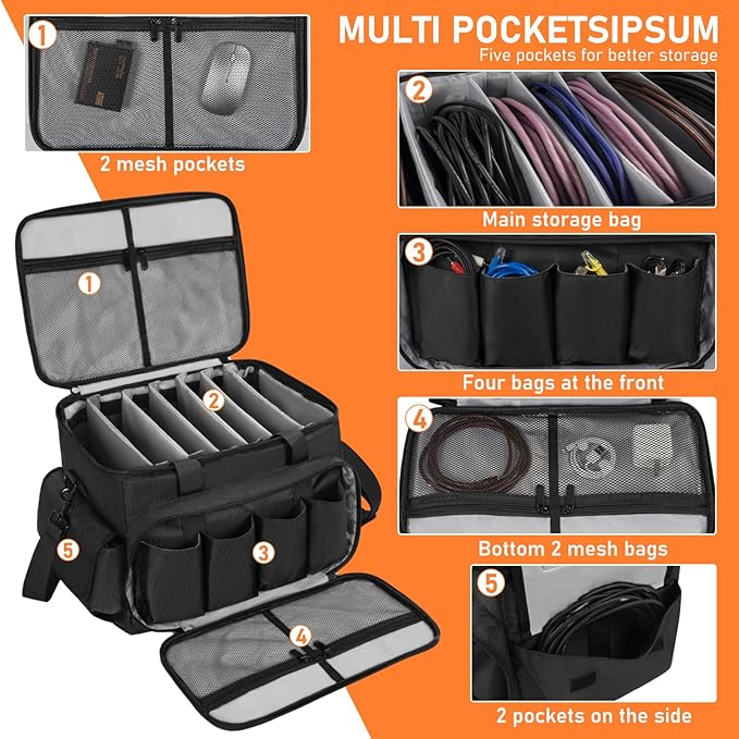 IBVIVIC Cable File Bag With Adjustable Dividers Dj Gig Bag for Cables, Cords,DJ Gear,Sound Instrument and Accessories 16L x 11W x 12H inch, Grey