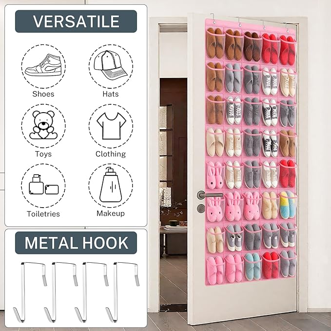 Hualleko 40-Pocket Over the Door Shoe Organizer - Large Mesh Pocket Hanging Shoe Organizer,Behind the Door Shoes Storage Holder Hanger (Pink)